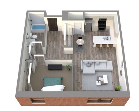 A 3D floor plan of a house with a living room, kitchen, and two bedrooms.